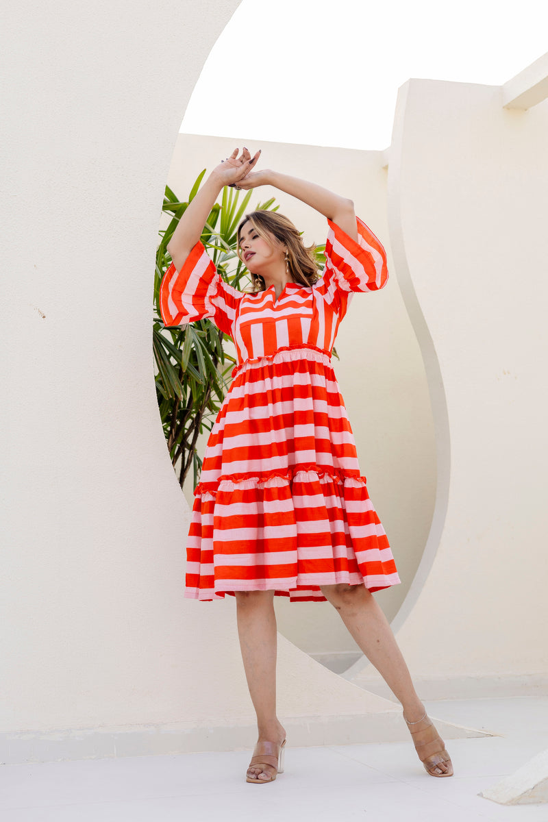 Salsa stripes orange printed cotton dress