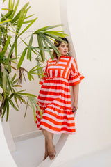 Salsa stripes orange printed cotton dress