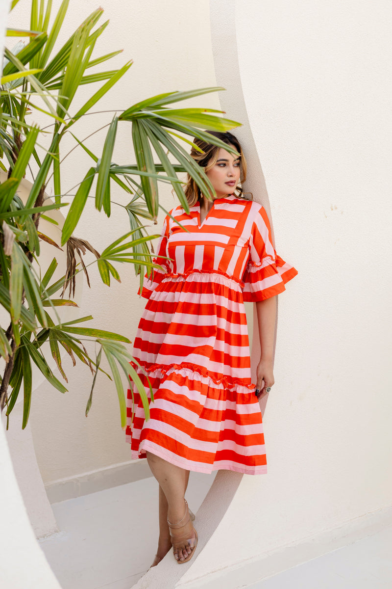 Salsa stripes orange printed cotton dress