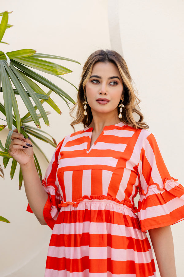 Salsa stripes orange printed cotton dress