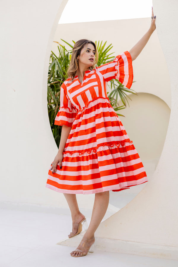 Salsa stripes orange printed cotton dress