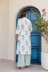 Flamingo green printed cotton suit set with cotton  dupatta