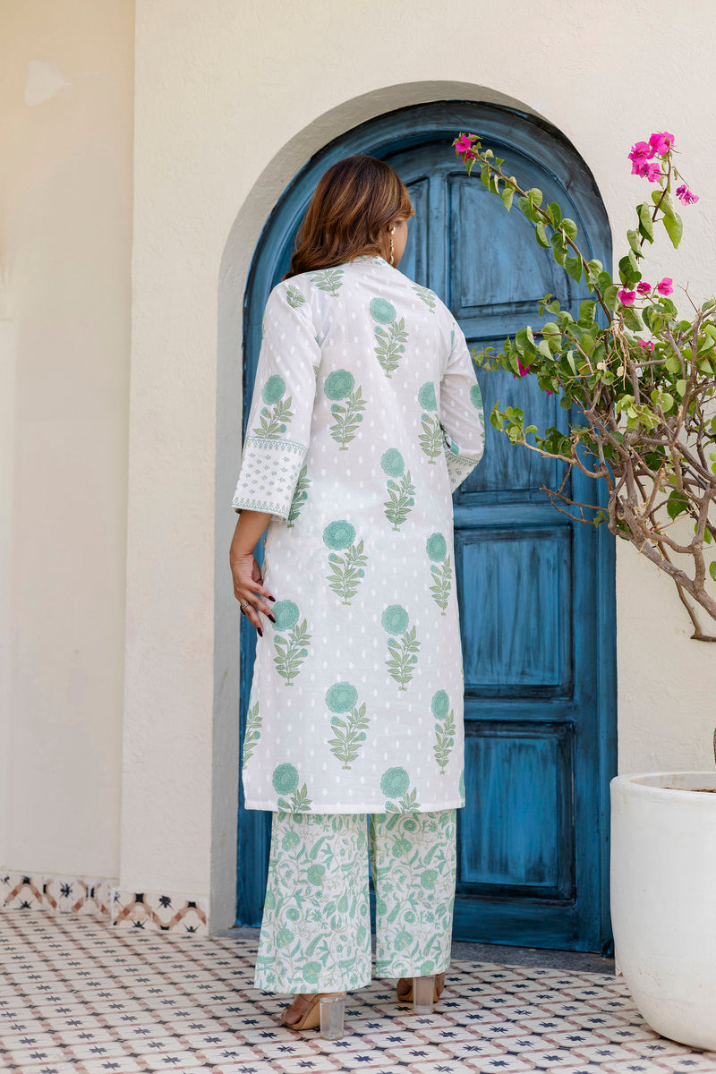 Flamingo green printed cotton suit set with cotton  dupatta