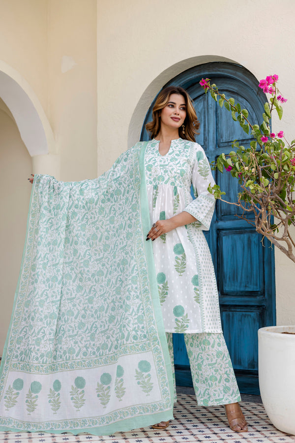 Flamingo green printed cotton suit set with cotton  dupatta