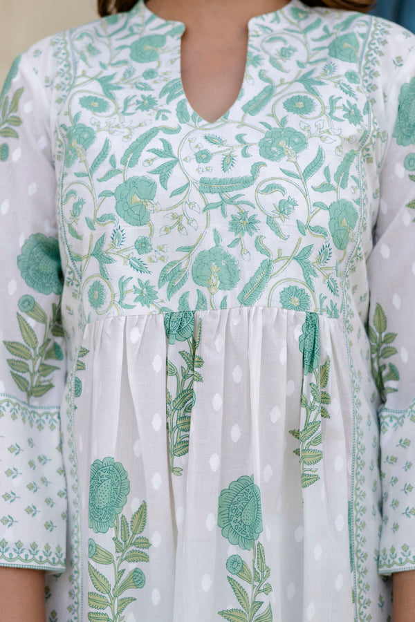 Flamingo green printed cotton suit set with cotton  dupatta