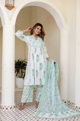 Flamingo green printed cotton suit set with cotton  dupatta