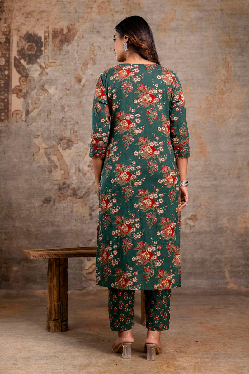 Green Floral Printed Cotton Straight Kurta Set with Dupatta