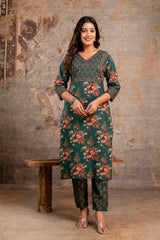 Green Floral Printed Cotton Straight Kurta Set with Dupatta