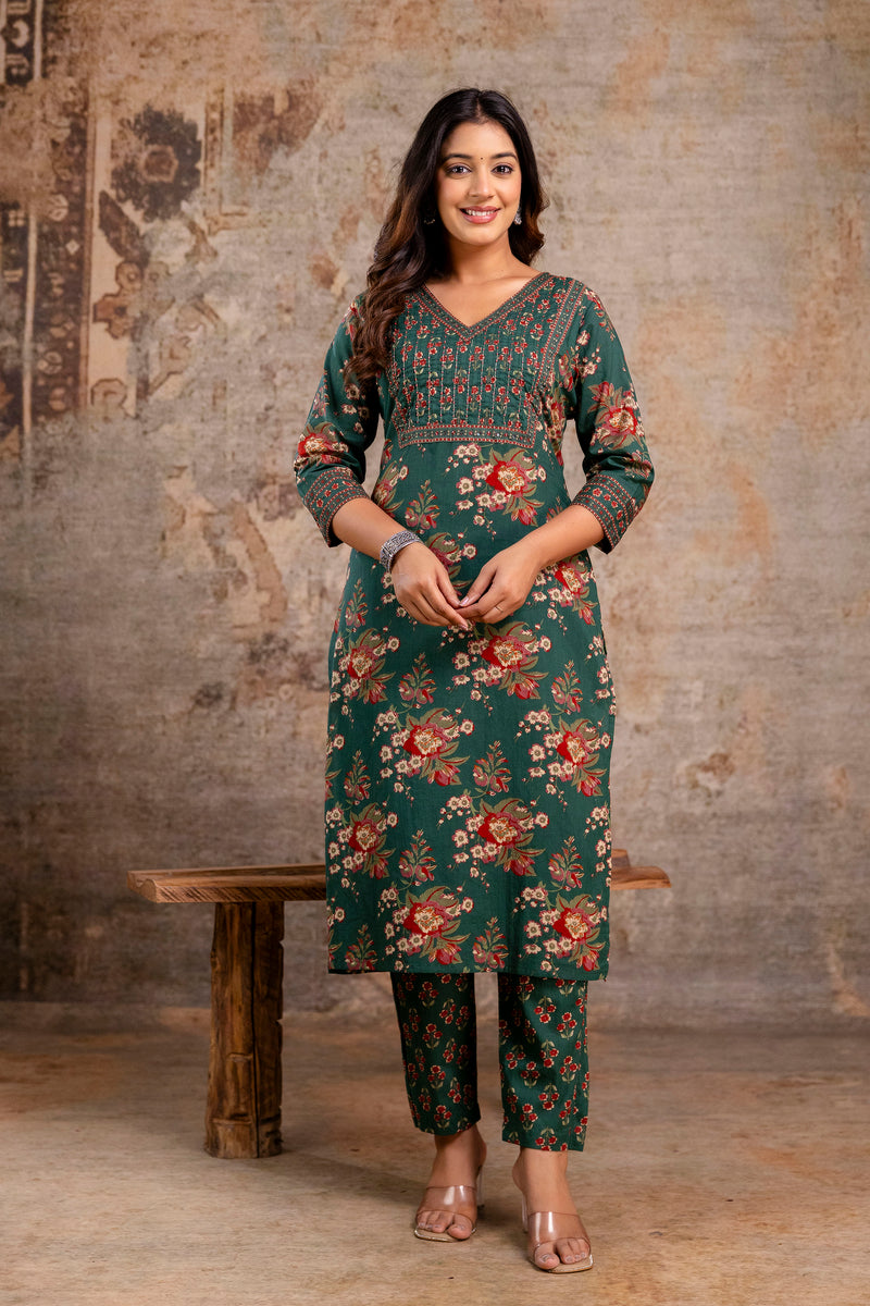 Green Floral Printed Cotton Straight Kurta Set with Dupatta