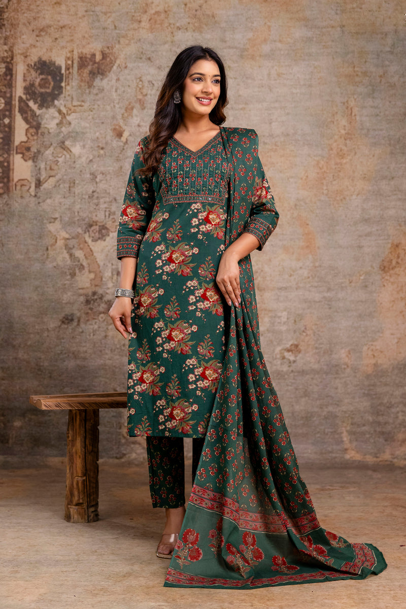 Green Floral Printed Cotton Straight Kurta Set with Dupatta
