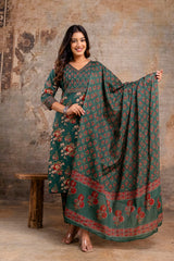 Green Floral Printed Cotton Straight Kurta Set with Dupatta