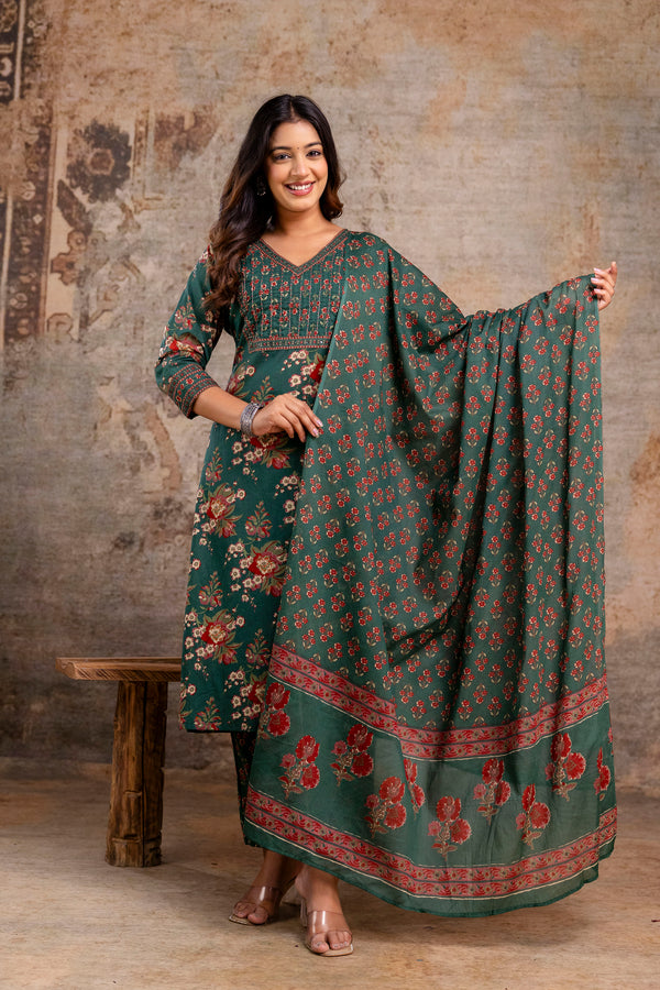 Green Floral Printed Cotton Straight Kurta Set with Dupatta
