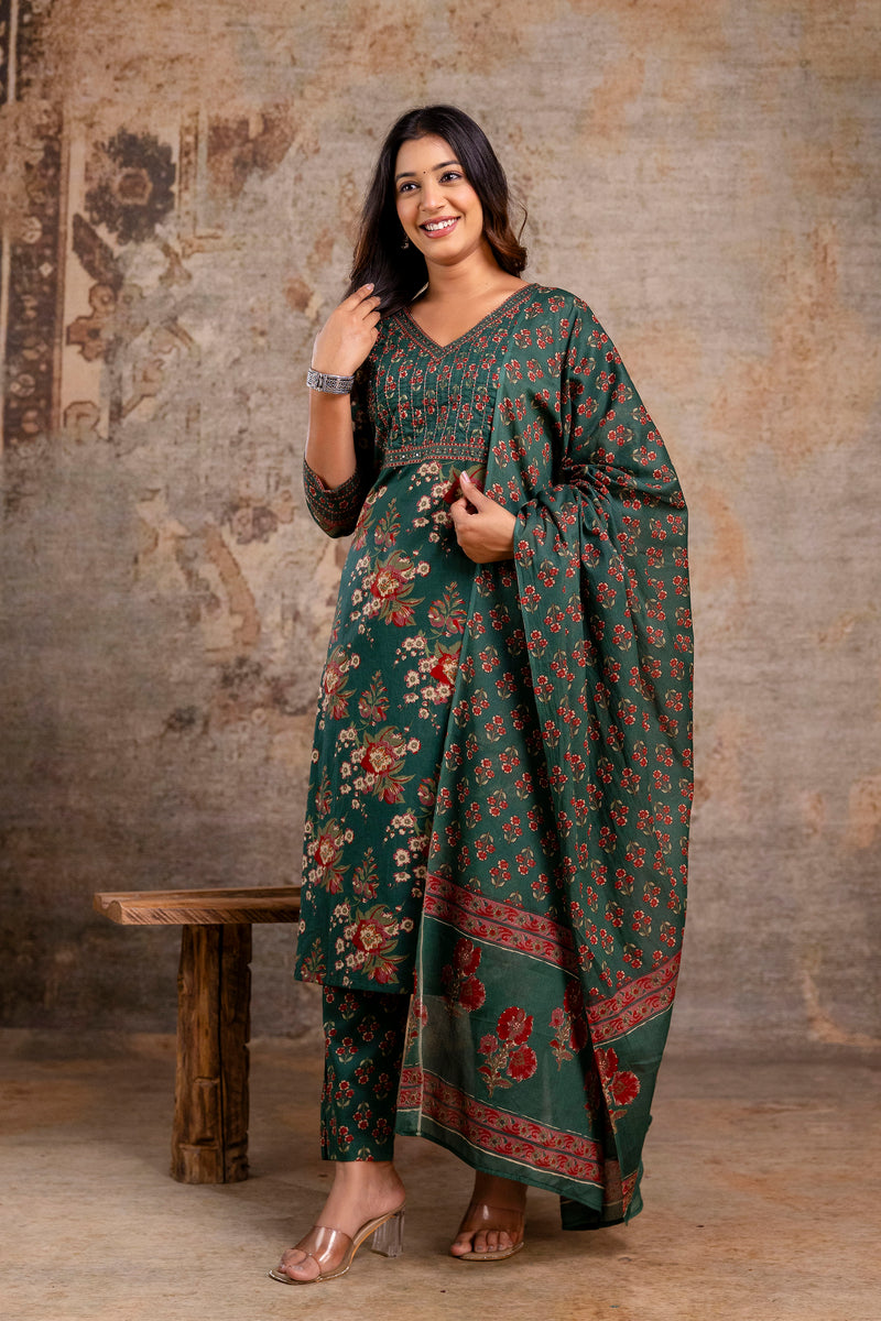 Green Floral Printed Cotton Straight Kurta Set with Dupatta