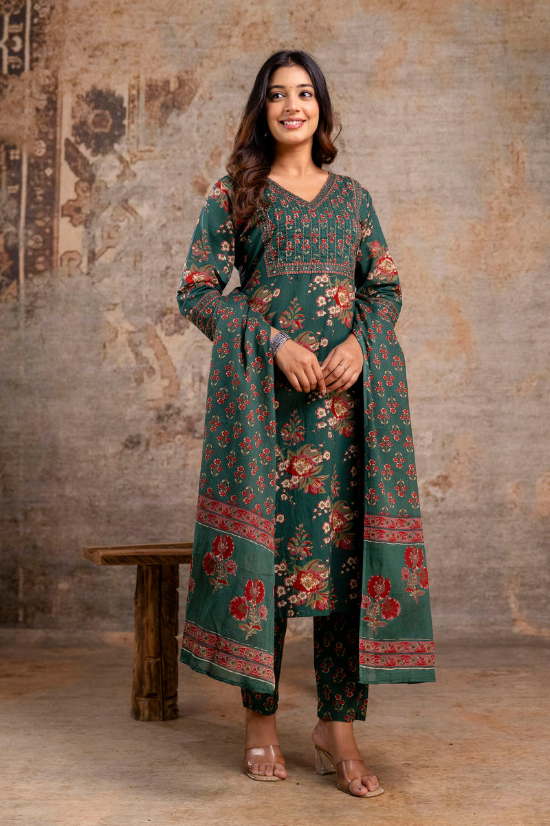 Green Floral Printed Cotton Straight Kurta Set with Dupatta