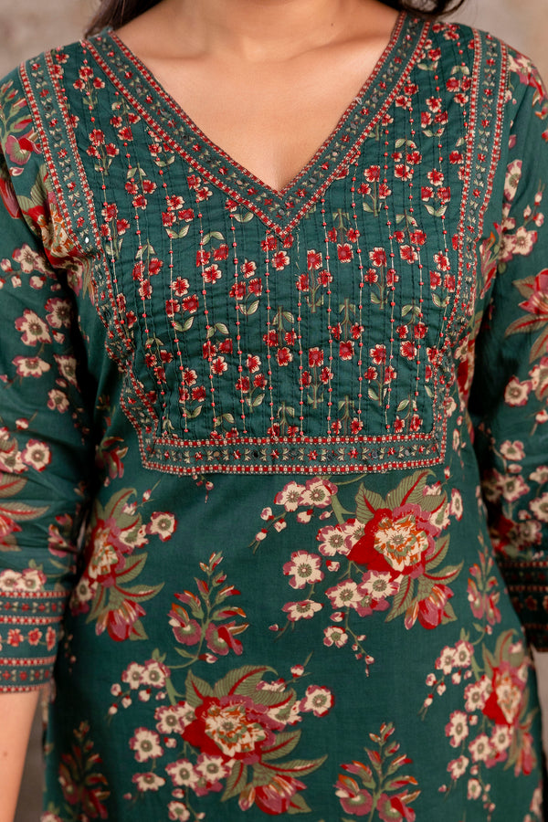 Green Floral Printed Cotton Straight Kurta Set with Dupatta
