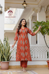 Riwaayat Charm Ajrakh Print Suit Set With Mul Cotton Dupatta