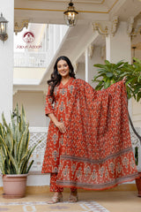 Riwaayat Charm Ajrakh Print Suit Set With Mul Cotton Dupatta