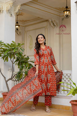Riwaayat Charm Ajrakh Print Suit Set With Mul Cotton Dupatta