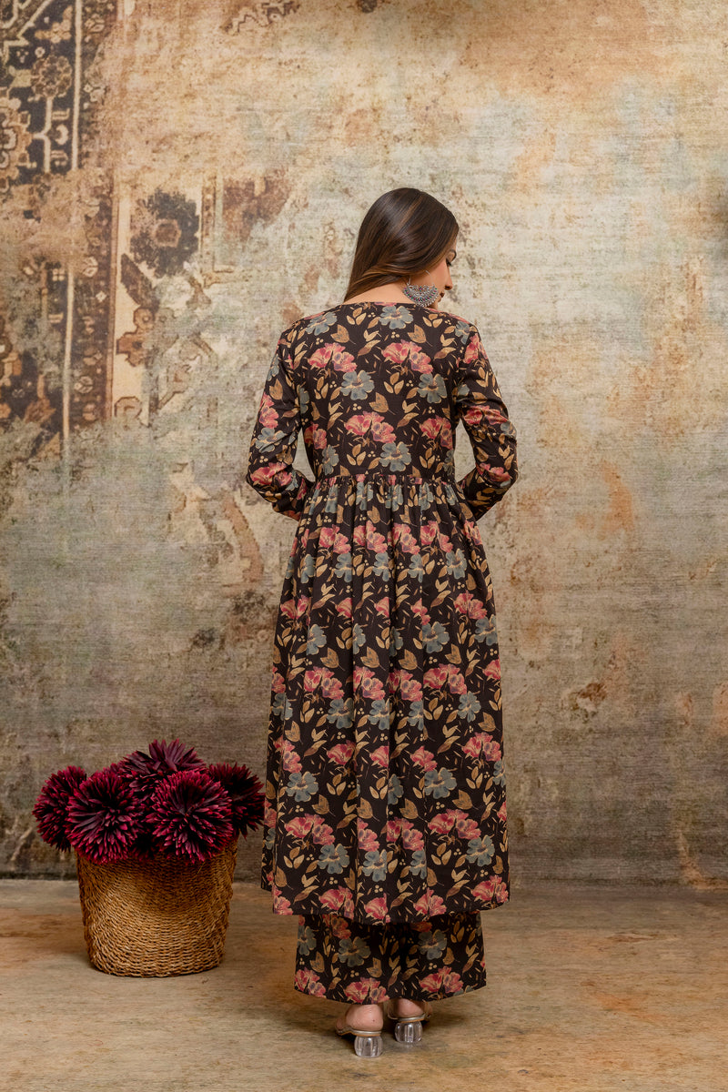 Rohini black printed cotton suit set with mul cotton dupatta