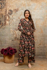 Rohini black printed cotton suit set with mul cotton dupatta