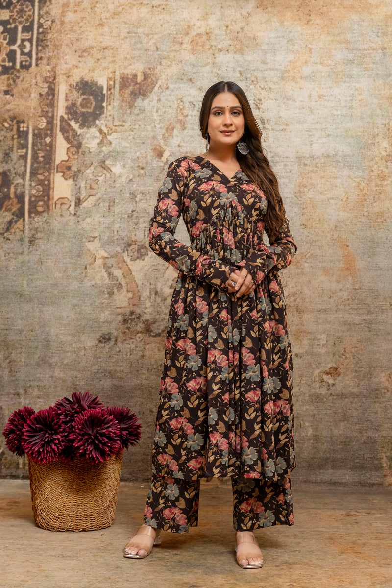 Rohini black printed cotton suit set with mul cotton dupatta