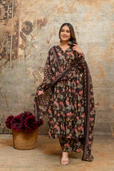 Rohini black printed cotton suit set with mul cotton dupatta