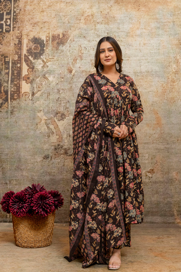 Rohini black printed cotton suit set with mul cotton dupatta