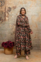 Rohini black printed cotton suit set with mul cotton dupatta