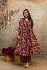 Rohini red printed cotton suit set with mul cotton dupatta