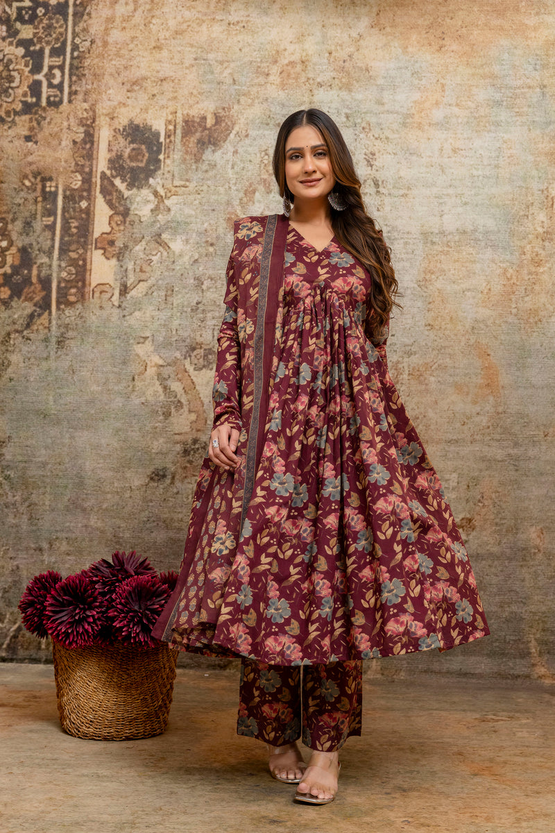 Rohini red printed cotton suit set with mul cotton dupatta