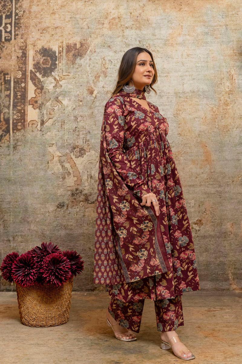 Rohini red printed cotton suit set with mul cotton dupatta