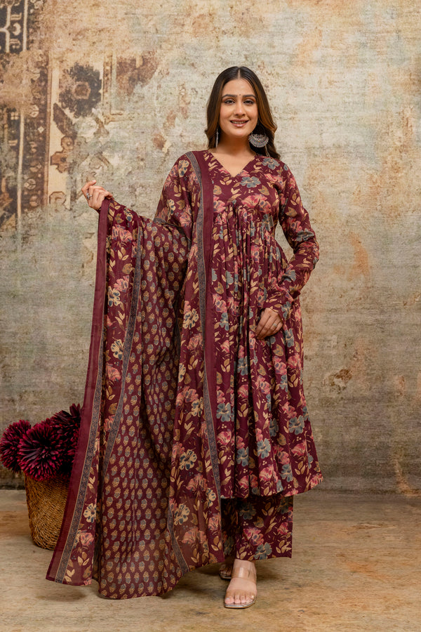 Rohini red printed cotton suit set with mul cotton dupatta