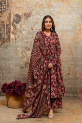 Rohini red printed cotton suit set with mul cotton dupatta