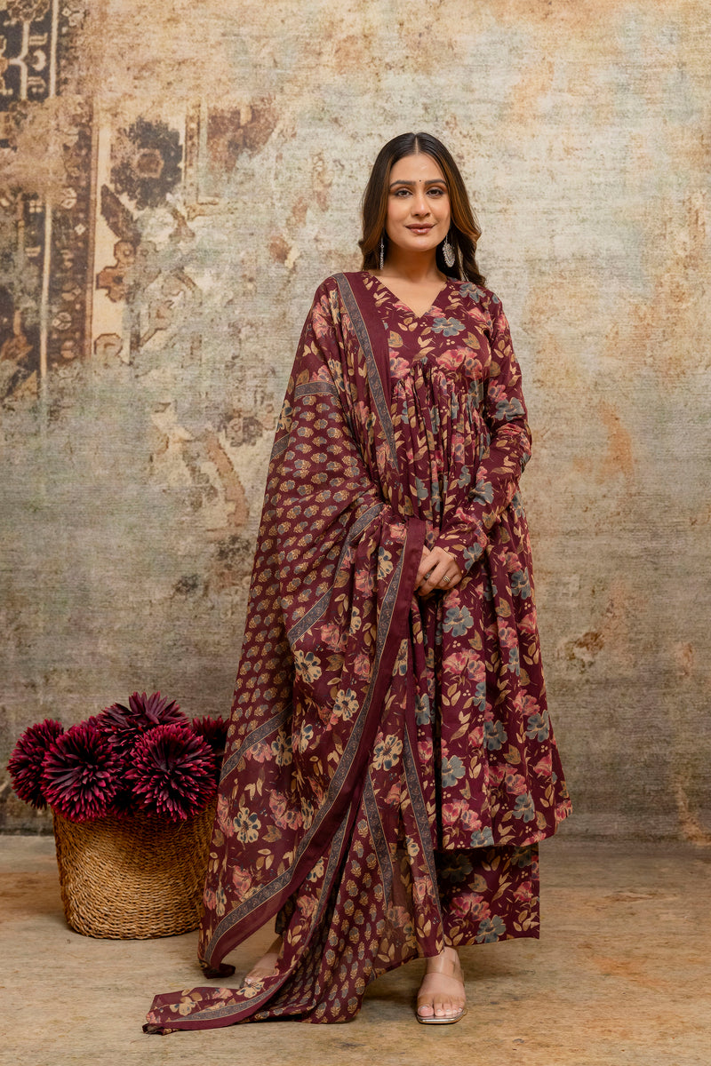 Rohini red printed cotton suit set with mul cotton dupatta