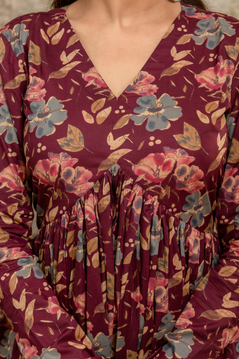 Rohini red printed cotton suit set with mul cotton dupatta