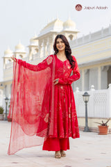 “Mehru Scarlet Elegance” Floral Printed Suit Set with Digital print Dupatta