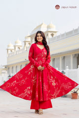 “Mehru Scarlet Elegance” Floral Printed Suit Set with Digital print Dupatta