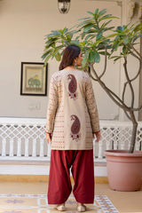 Meherzaad Beige Motif Kurta with Graceful Wine Farshi Salwar Set