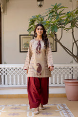 Meherzaad Beige Motif Kurta with Graceful Wine Farshi Salwar Set