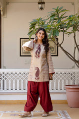 Meherzaad Beige Motif Kurta with Graceful Wine Farshi Salwar Set