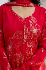 “Mehru Scarlet Elegance” Floral Printed Suit Set with Digital print Dupatta