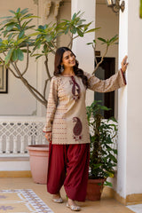 Meherzaad Beige Motif Kurta with Graceful Wine Farshi Salwar Set