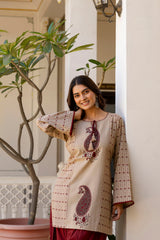 Meherzaad Beige Motif Kurta with Graceful Wine Farshi Salwar Set