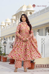 • Elegant Rose Pink Floral Suit Set with Kota Doria Dupatta