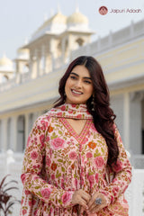 • Elegant Rose Pink Floral Suit Set with Kota Doria Dupatta