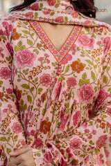 • Elegant Rose Pink Floral Suit Set with Kota Doria Dupatta