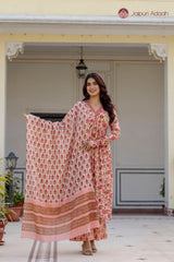 • Elegant Rose Pink Floral Suit Set with Kota Doria Dupatta