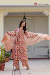 • Elegant Rose Pink Floral Suit Set with Kota Doria Dupatta