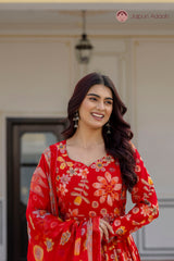 Zarika Floral Red Anarkali Suit Set with Digital Print Dupatta