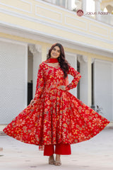 Zarika Floral Red Anarkali Suit Set with Digital Print Dupatta